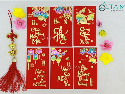 Xấp 6 bao lì xì đỏ ép kim nguyên tờ tiền số 03